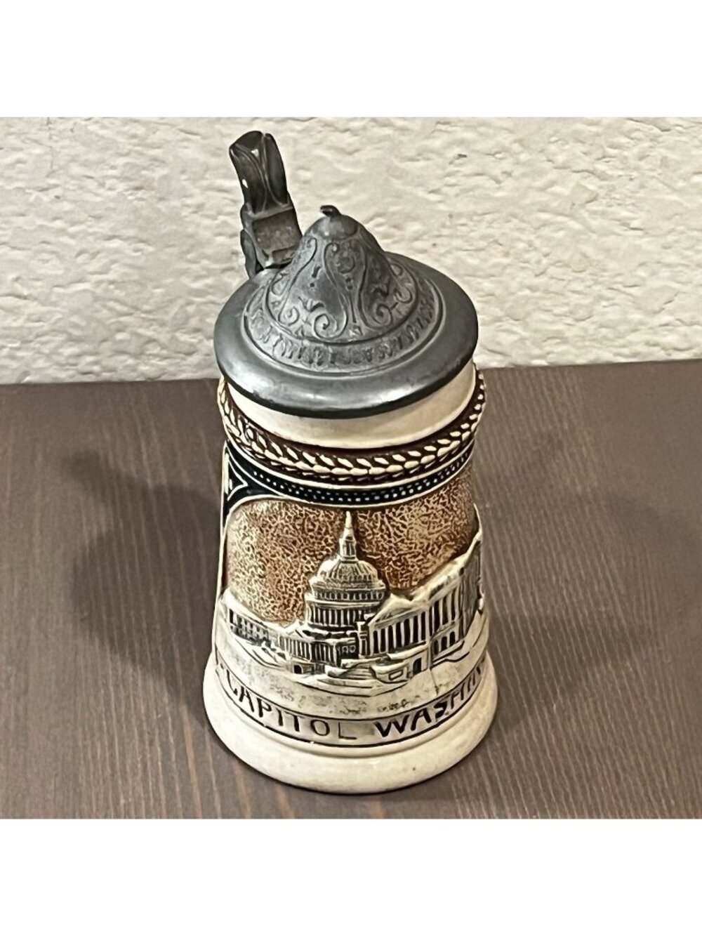Vintage Mini Beer Stein Pewter Lid Washington DC Relief Scene Souvenir 30s/40s